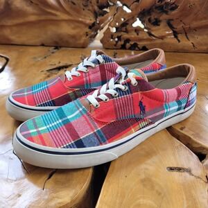 Polo Ralph Lauren Men Thornton Sneakers Size 11D Red Madras Plaid Casual Preppy